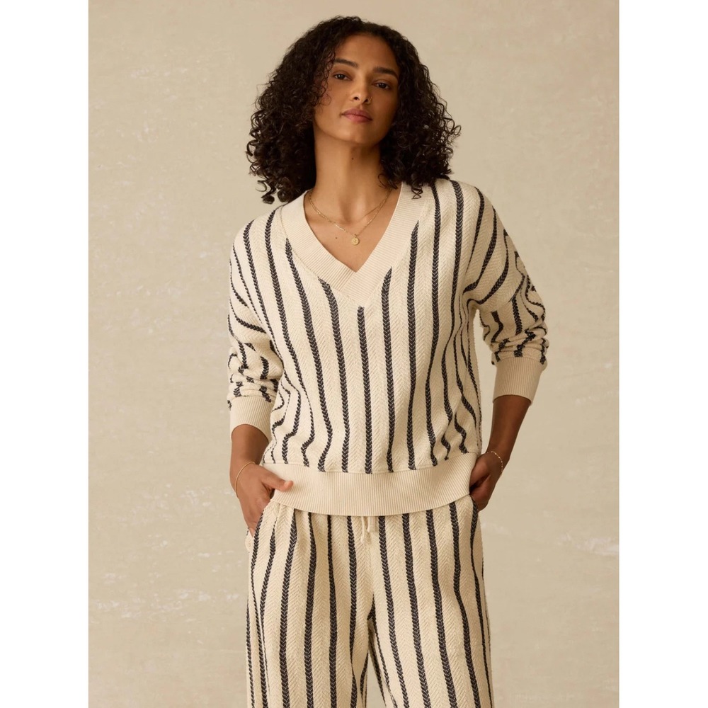 Faherty Dockside‎ V-Neck Sweatshirt - Moon Shadow Stripe NWT